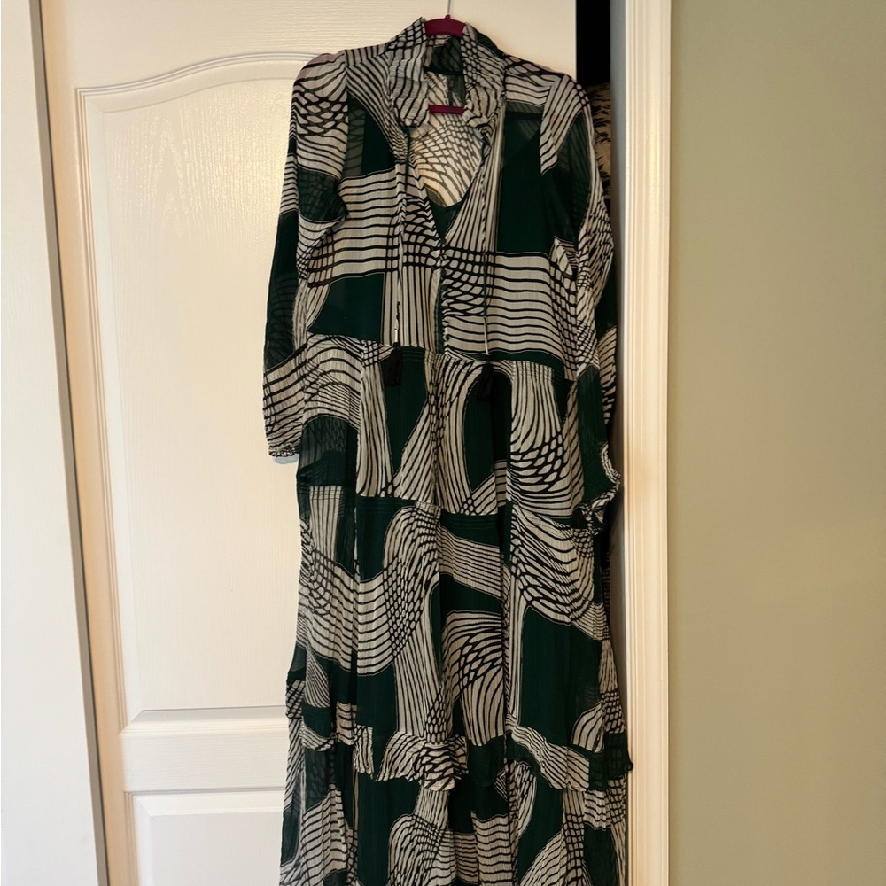Anthropologie Green and White Patterned Semi-Sheer with Green Liner, Maxi dress